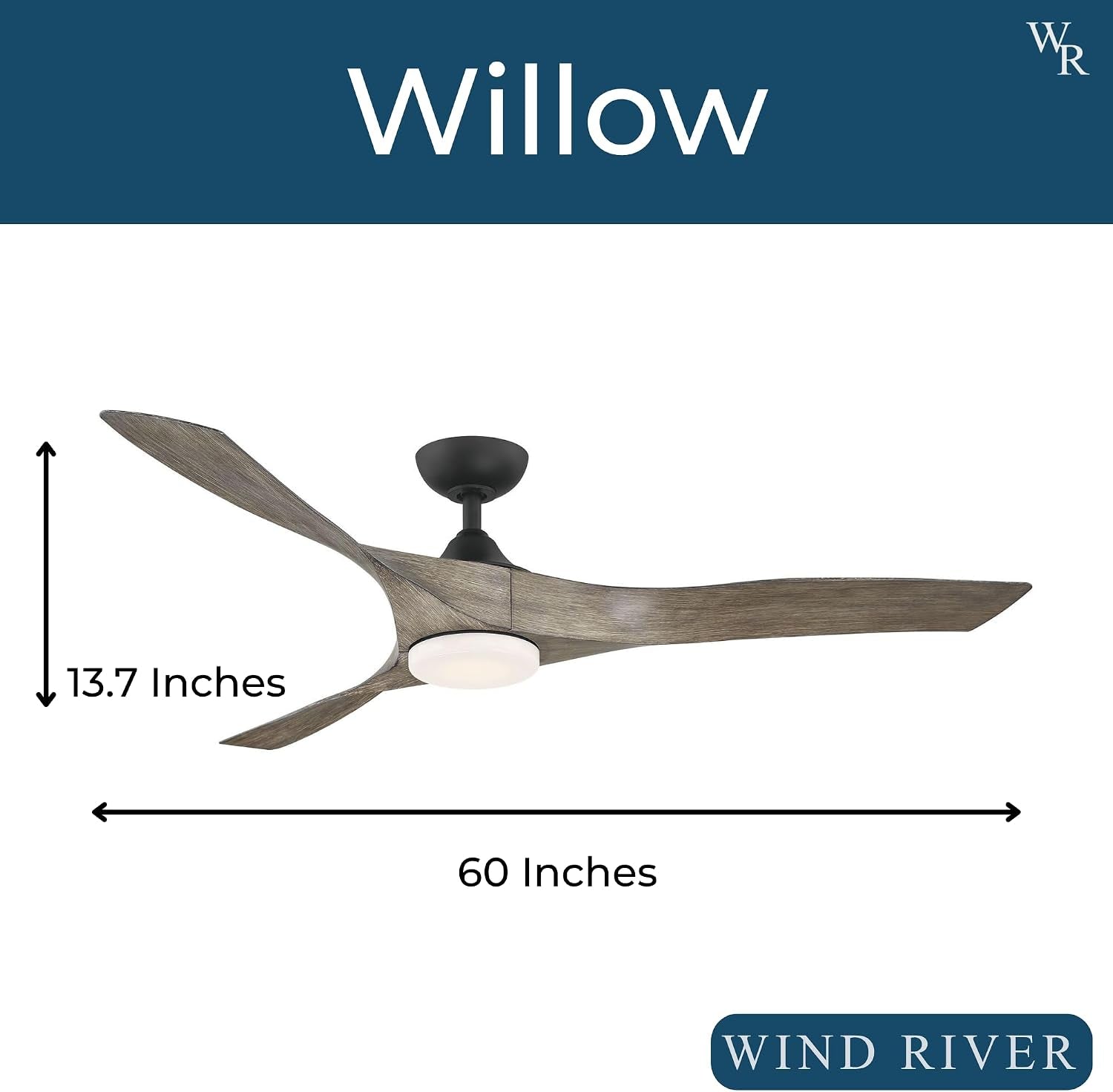 WR1801MBVO Willow 60 Inch Indoor/Outdoor Smart Ceiling Fan | 1368 Lumens Integrated LED 3000K | Matte Black Finish with Vintage Oak Blades | Remote Control | 6 Speed DC Motor | Damp Rated