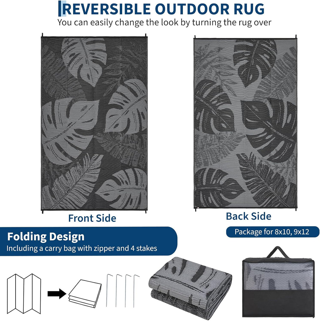 Outdoor Patio Rug 9X12 Waterproof Reversible Mat Leaf Tropical Outdoor Plastic Straw Rug with 4 Stakes and Starage Bag Portable Area Rug for Camping Porch Deck Rv Balcony Backyard Beach, Black