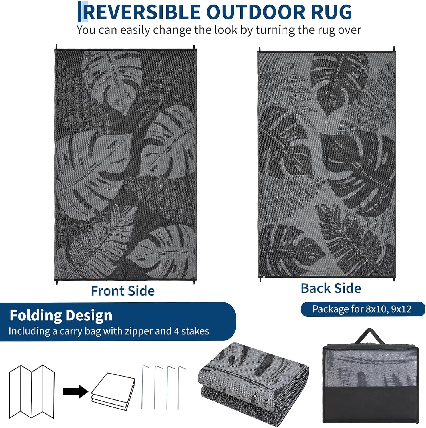 Outdoor Patio Rug 9X12 Waterproof Reversible Mat Leaf Tropical Outdoor Plastic Straw Rug with 4 Stakes and Starage Bag Portable Area Rug for Camping Porch Deck Rv Balcony Backyard Beach, Black