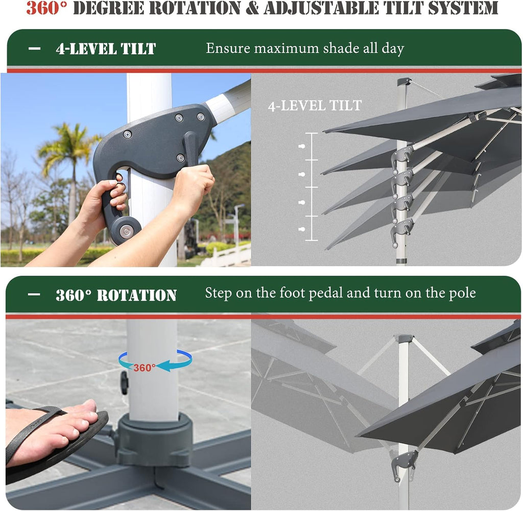 10X10 FT Square Cantilever Patio Umbrella with Solar LED Lights and Cross Base, 360° Rotation Large Heavy Duty Offset Outdoor Umbrella with Easy Tilt for Pool Backyard Deck Garden, Grey