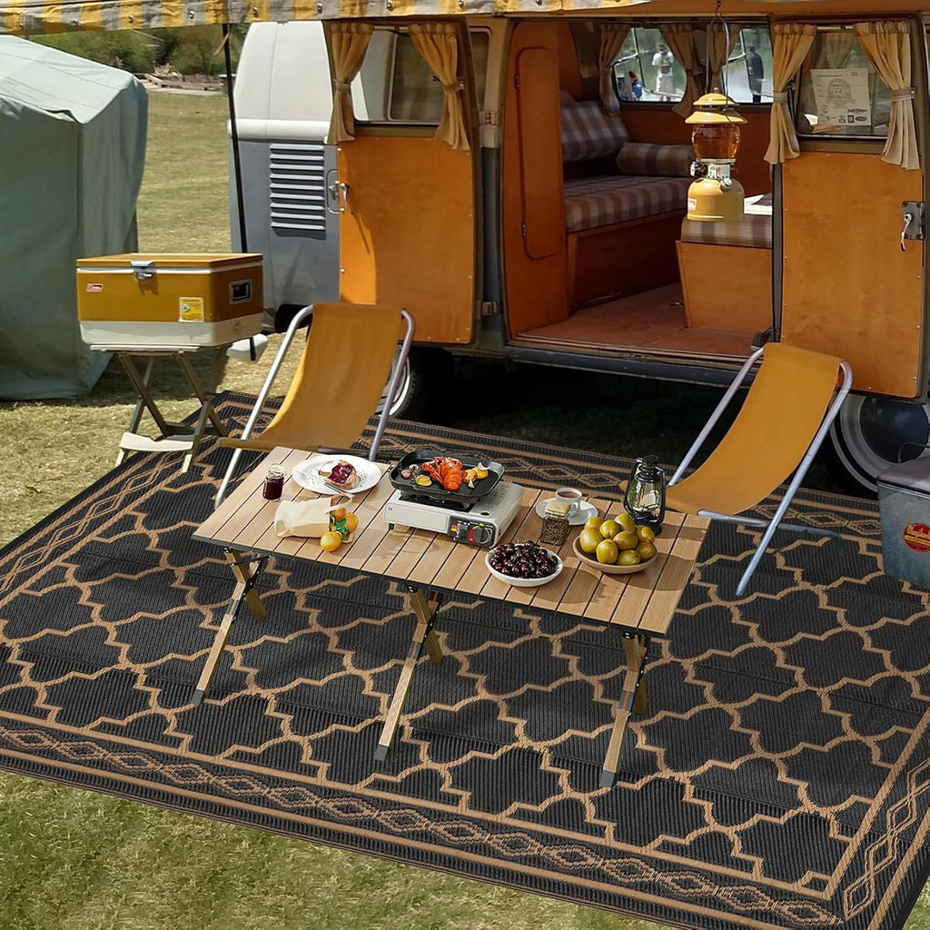 Outdoor Rug 9X18 Reversible Outdoor Plastic Area Rug Modern Decorative Carpet for Patio Deck Balcony, Waterproof Lightweight RV Mat for Porch,Camper,Backyard, Black/Brown