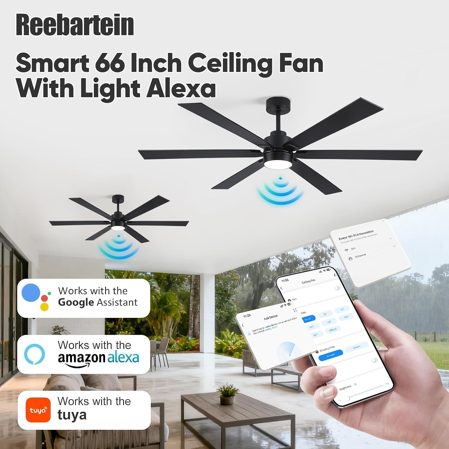 66 Inch Outdoor Smart Ceiling Fan with Light, Works with Alexa, App & Remote Control, Black Modern Style with 6 Blades, High CFM Quiet DC Motor, Damp Rated for Covered Patio & Large Indoor Living Room