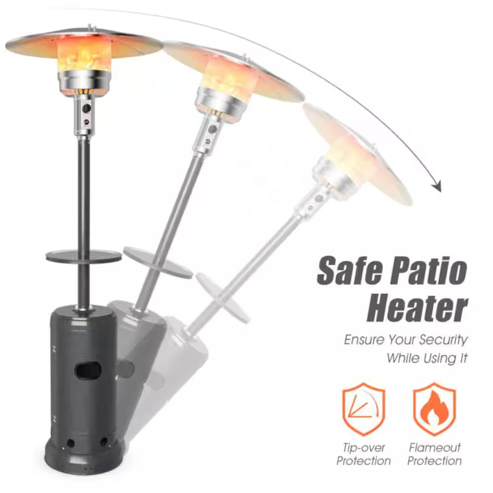 48,000 BTU Gray Outdoor Propane Patio Heater with Table and Wheels, Tip-Over Protection, Freestanding Outdoor Heater