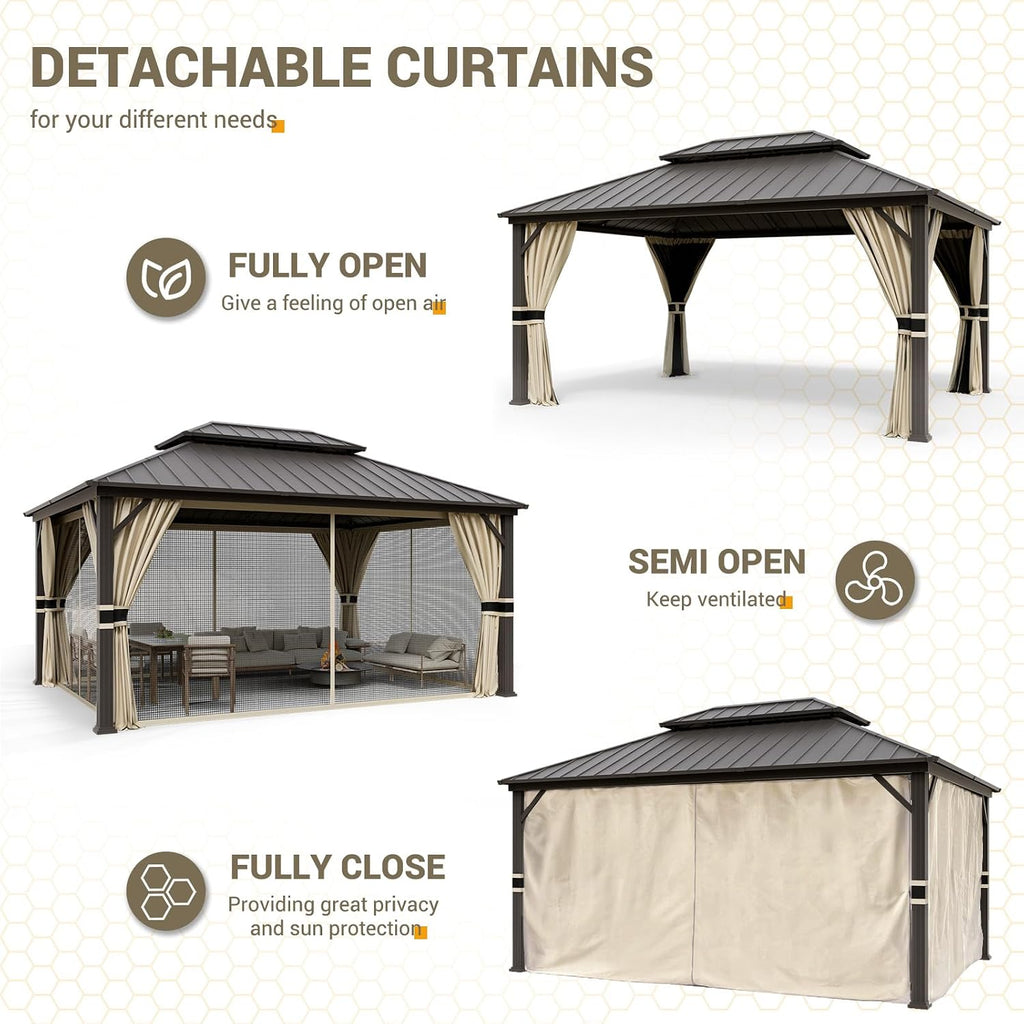 12'X16' Hardtop Gazebo, Aluminum Frame Outdoor Metal Gazebo, Beige