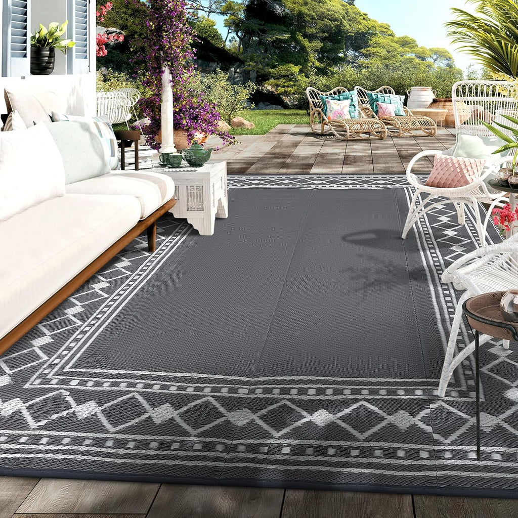 Outdoor Rug 8X10 Waterproof Patio Rugs Modern Bordered Reversible Mat for Front Door Rv Foldable Plastic Straw Carpet for Travel Trailers, Deck, Picnic, Porch, Camper, Balcony, Beach, Grey