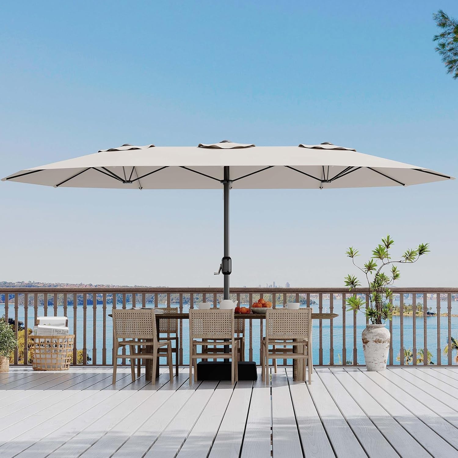 15 Ft Large Patio Umbrella with Base Included, Outdoor Double-Sided Rectangle Umbrella with Crank Handle, Outdoor Umbrella for Backyard, Pool, Patio,