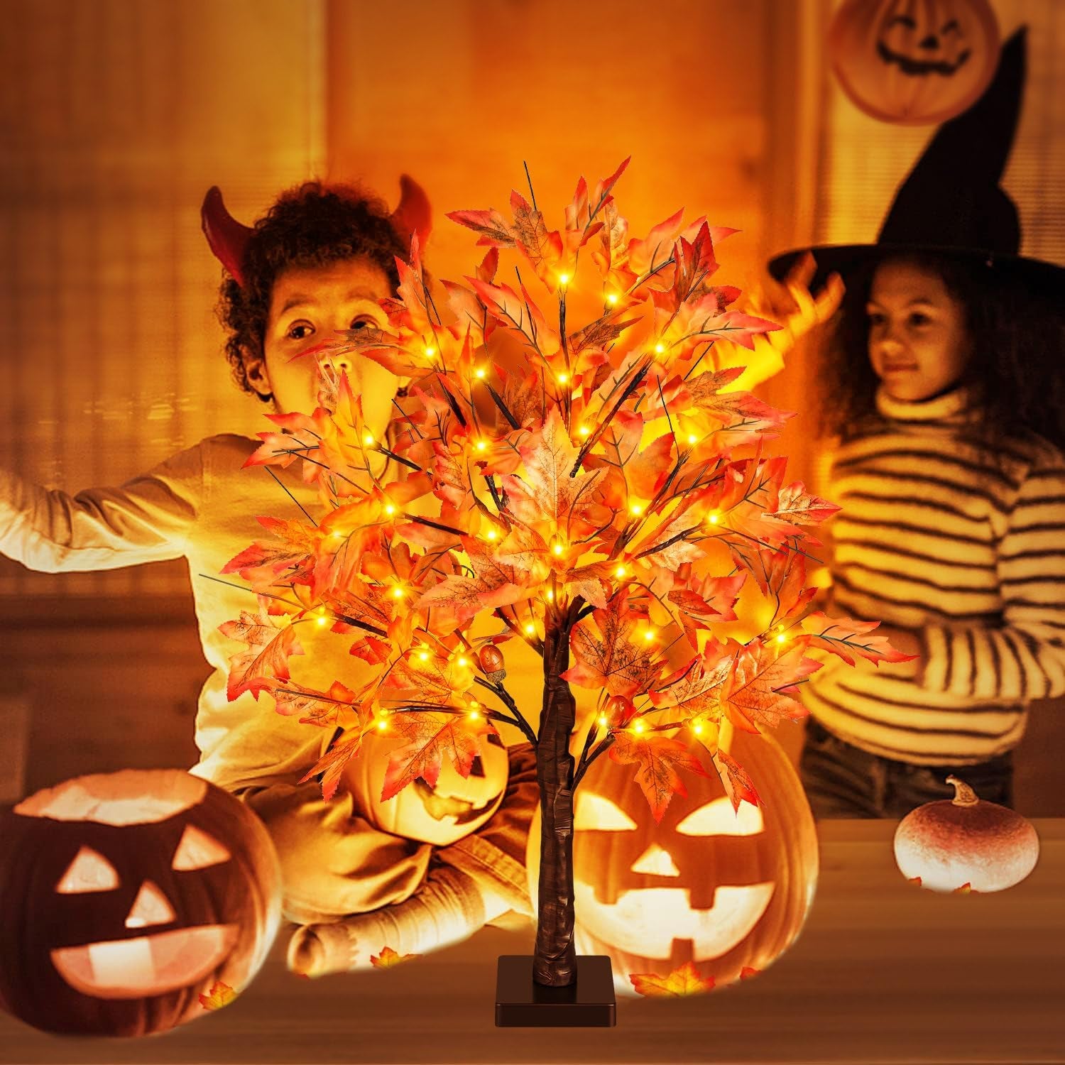 24 Inch Lighted Fall Maple Tree - 2FT Thanksgiving Tabletop Lamp Decor with 36 LED Lights, 72 Maple Leaves, 6 Acorns, Timer, Burlap Base, Battery Operated Fall Artificial Tree for Indoor