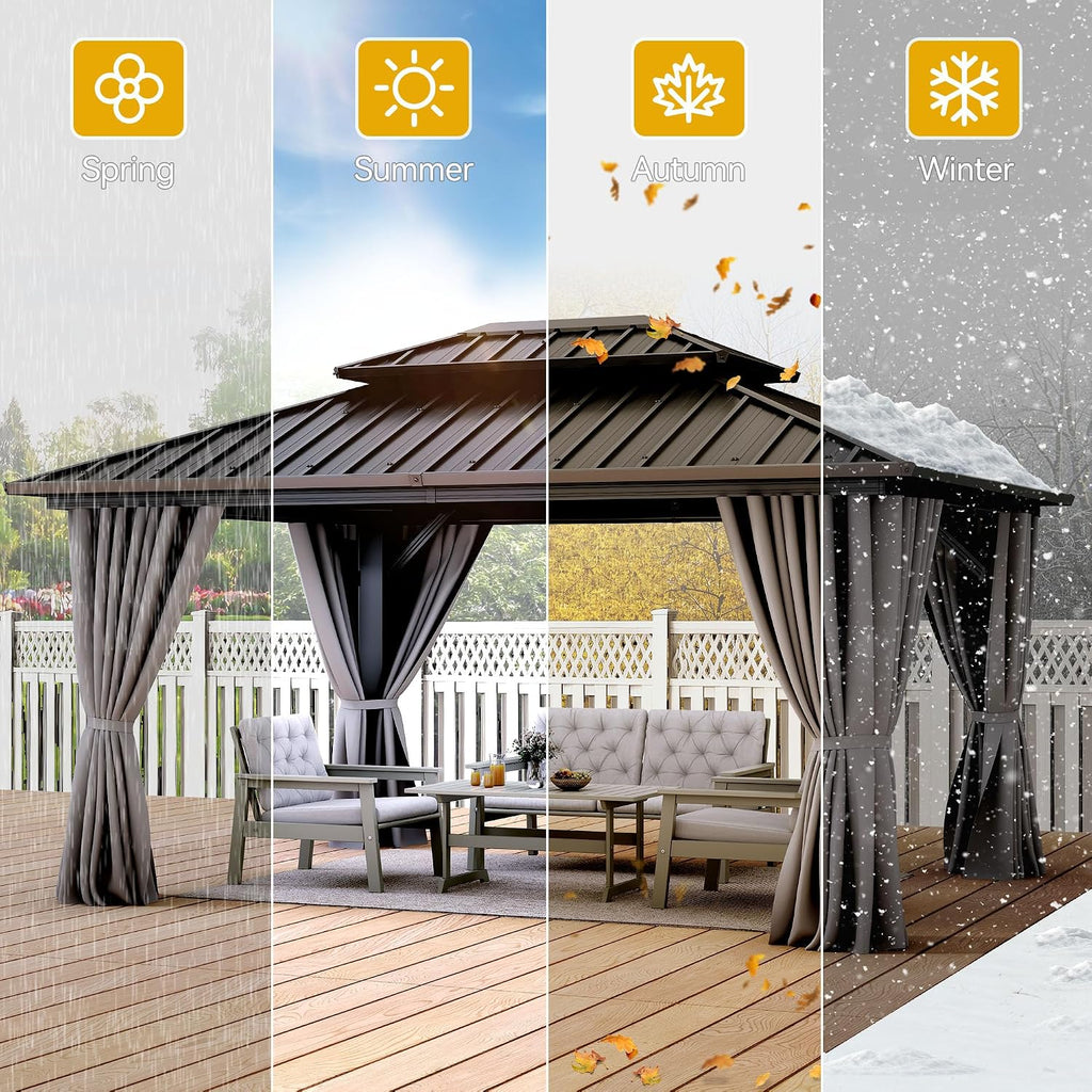 10X12Ft Hardtop Gazebo Double Roof with Nettings and Curtains