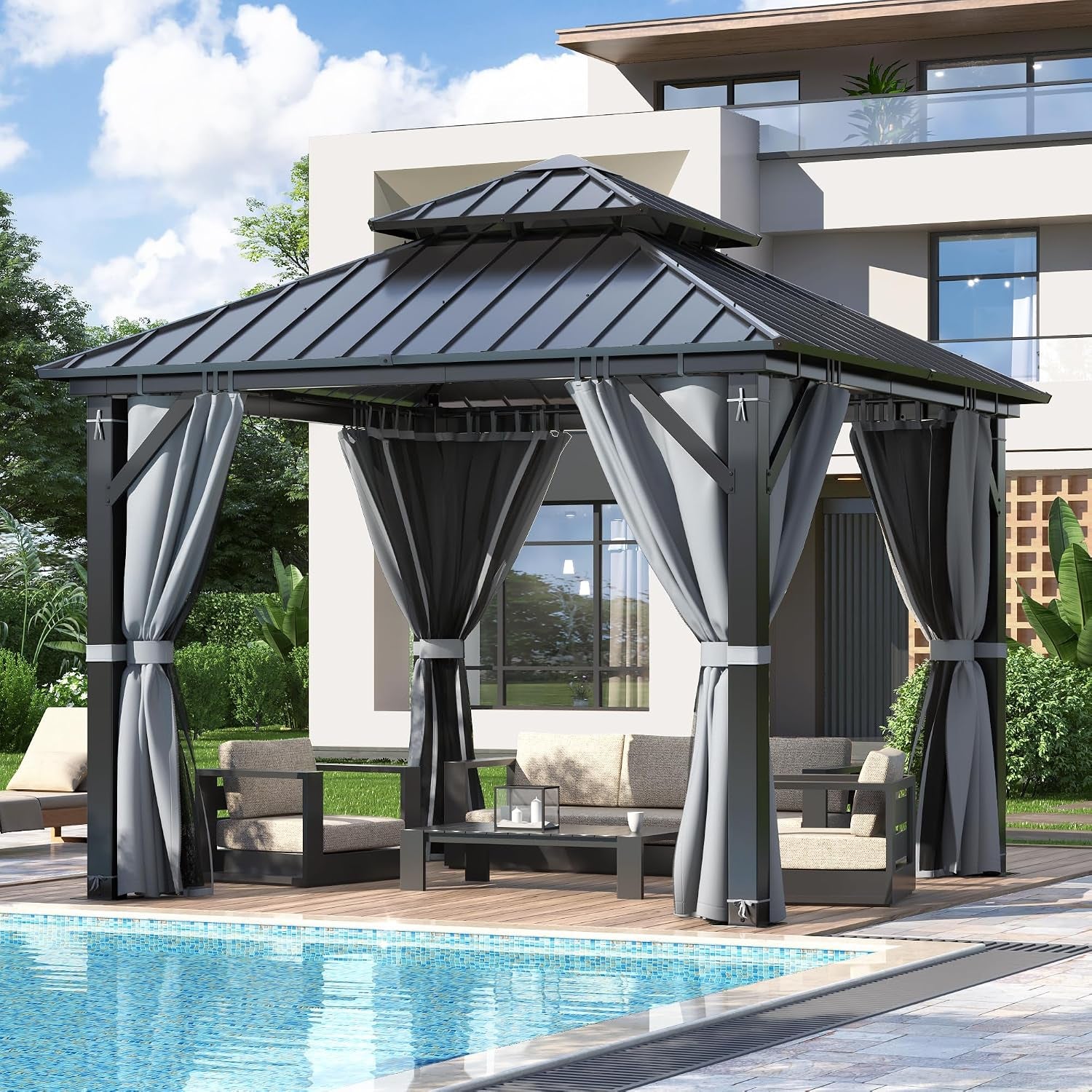 9.5X9.5Ft Outdoor Hardtop Gazebo with Double Roof