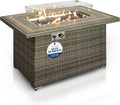 Sturdy Wicker Base Propane Fire Pit Table with Tile Top, Patio Heater & Propane Heater, Sliding Door, Stainless Steel Burner, Tempered Glass Wind Guard, 50000 BTU, Weather Resistant