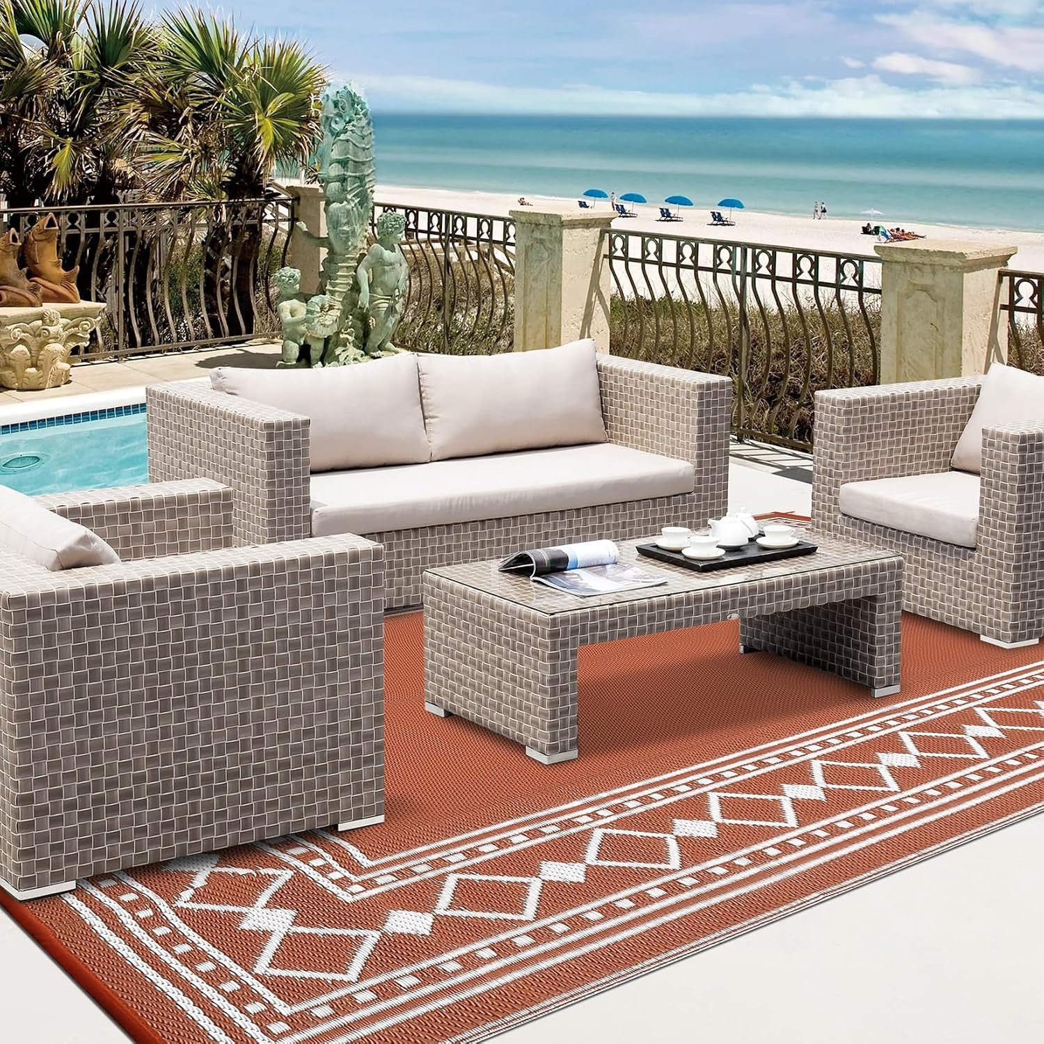 Outdoor Rug 8X10 Waterproof Patio Rugs Modern Bordered Reversible Mat for Front Door Rv Foldable Plastic Straw Carpet for Travel Trailers, Deck, Picnic, Porch, Camper, Balcony, Beach, Terracotta