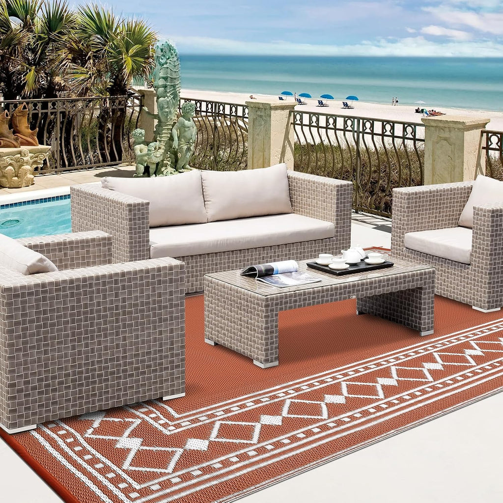 Outdoor Rug 8X10 Waterproof Patio Rugs Modern Bordered Reversible Mat for Front Door Rv Foldable Plastic Straw Carpet for Travel Trailers, Deck, Picnic, Porch, Camper, Balcony, Beach, Terracotta