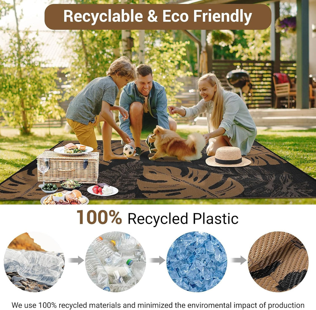 9X12 Outdoor Rug Waterproof Foldable Plastic Straw Carpet for Patio Porch Modern Leaf Print Reversible Mat Lightweight Floor Mat for Picnic, Rv, Beach, Deck, Camper, Balcony，Black/Brown