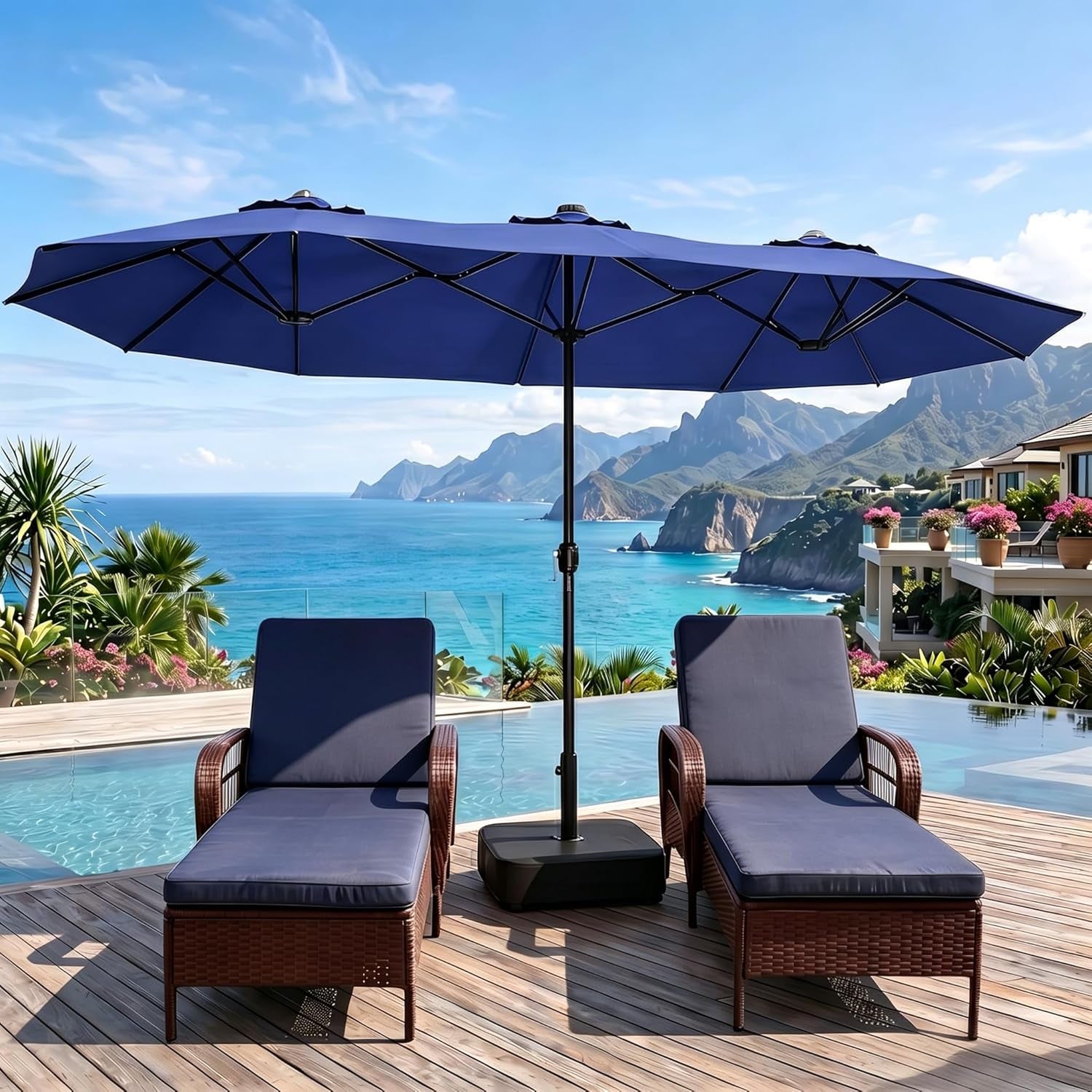 15FT Double-Sided Patio Umbrella with Base Included, Large Outdoor Rectangular Market Umbrella for Backyard, Poolside, Lawn & Garden