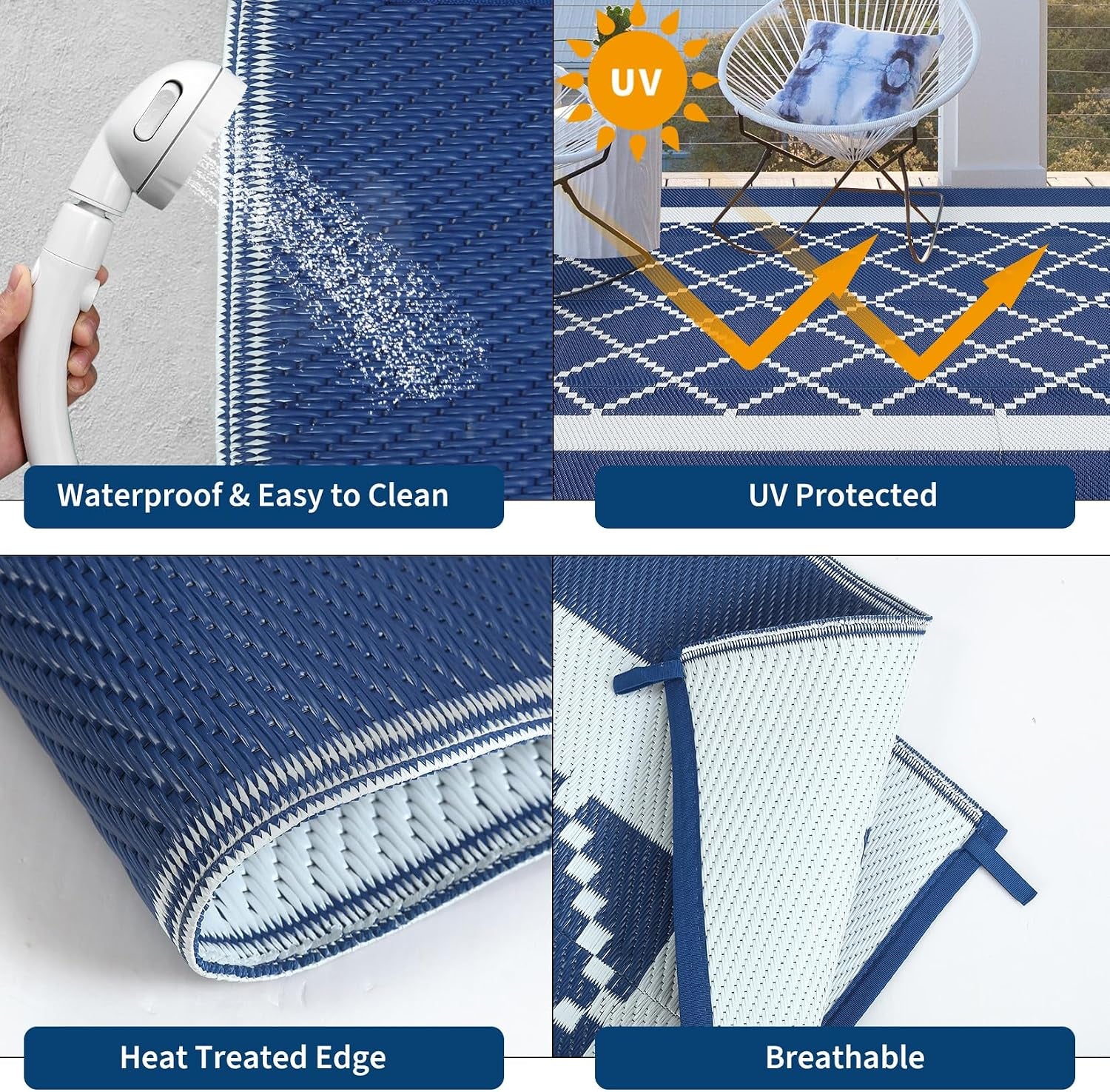 Outdoor Rug 8X10 Patio Waterproof Reversible Plastic Straw Rug, Large Uv-Resistant Portable RV Camping Mats with 4 Stakes & Carry Bag Boho Geometric Carpet for outside Deck Porch Garden, Navy