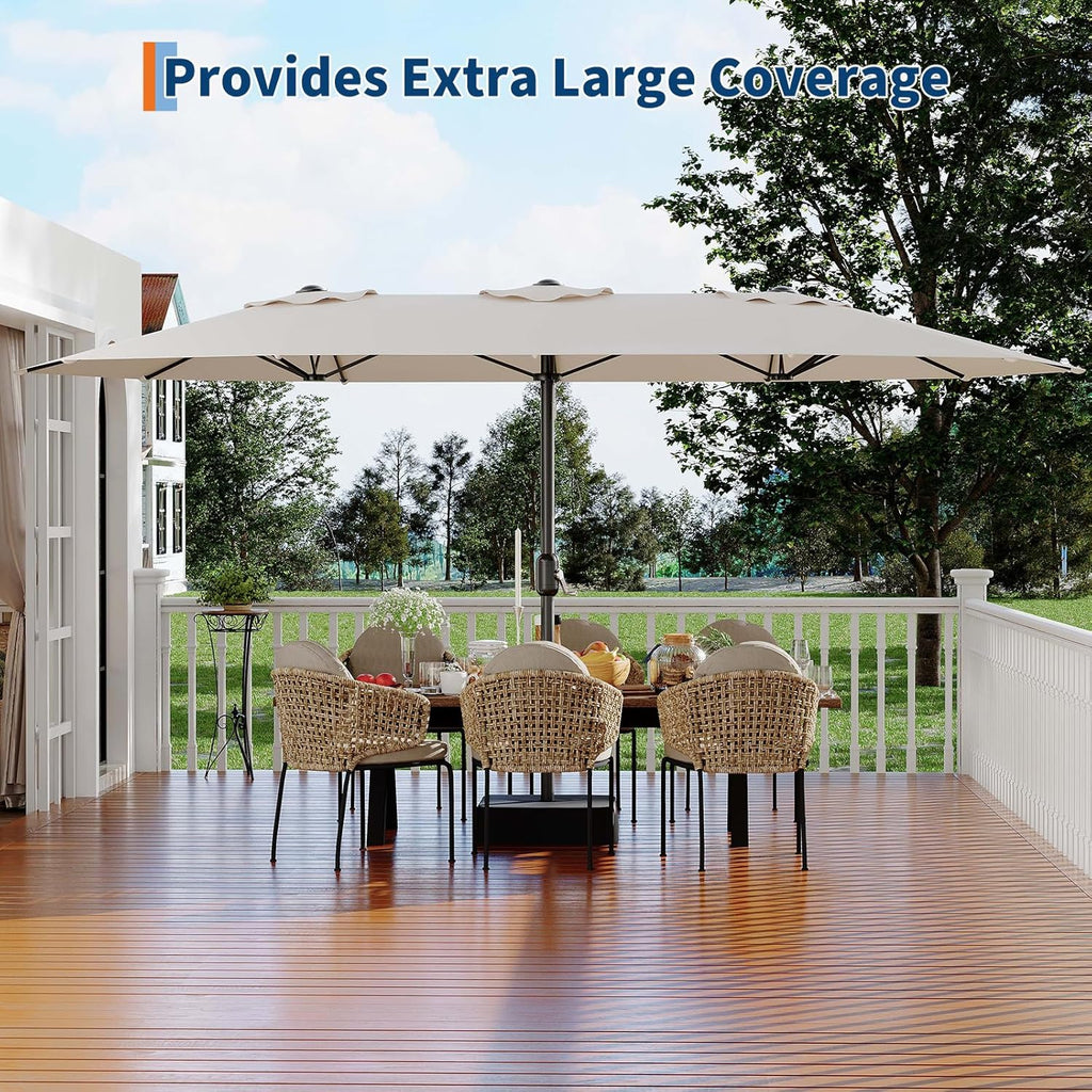 15 Ft Large Patio Umbrella with Base Included, Outdoor Double-Sided Rectangle Umbrella with Crank Handle, Outdoor Umbrella for Backyard, Pool, Patio,