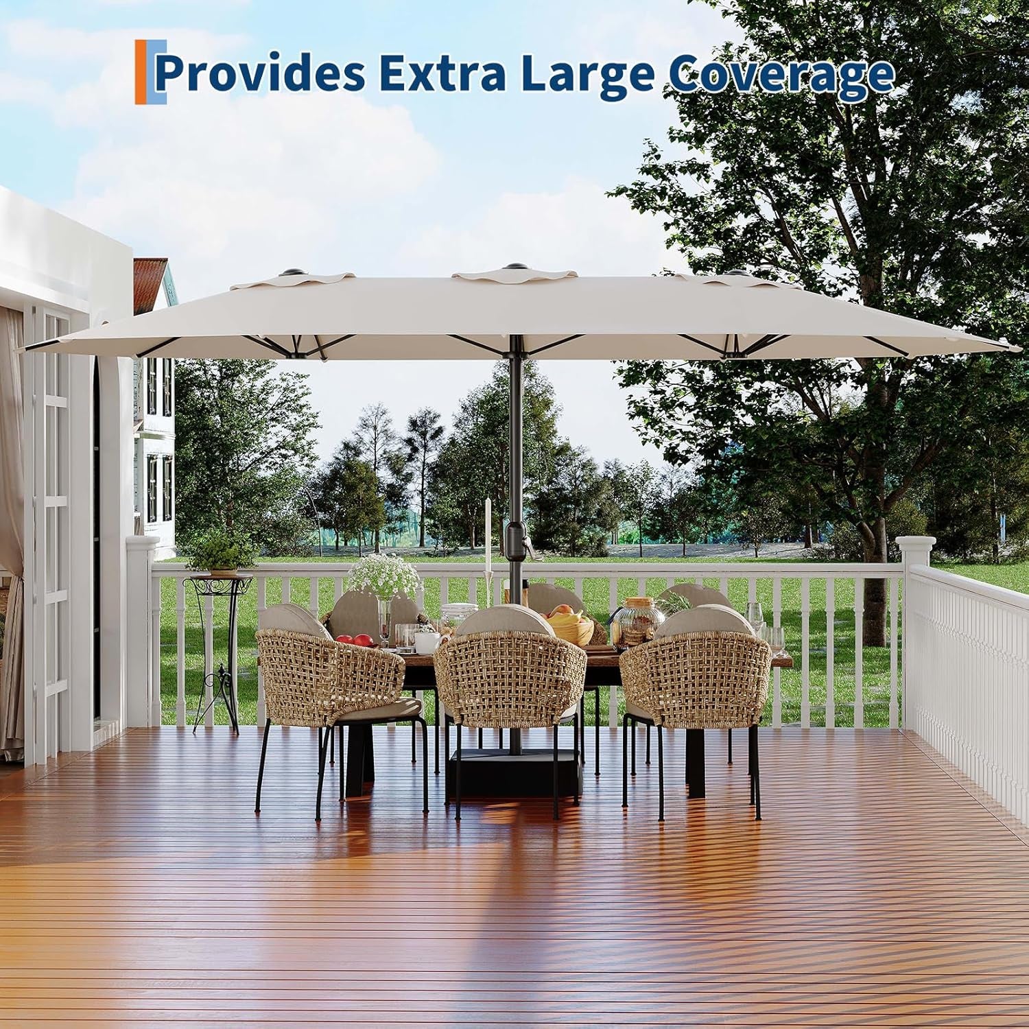 15 Ft Large Patio Umbrella with Base Included, Outdoor Double-Sided Rectangle Umbrella with Crank Handle, Outdoor Umbrella for Backyard, Pool, Patio,