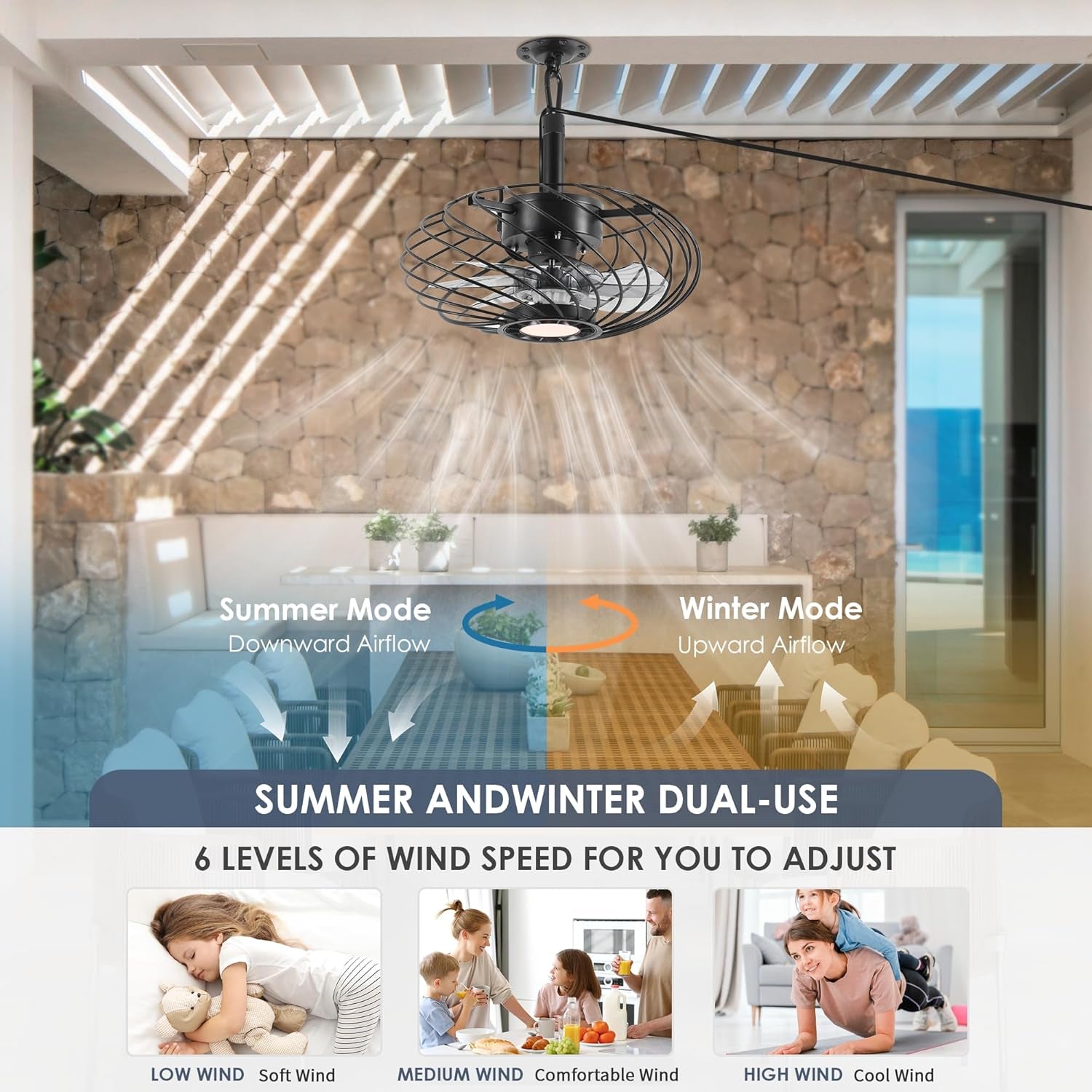 15" Black Outdoor Ceiling Fan with Remote Dimmable Light