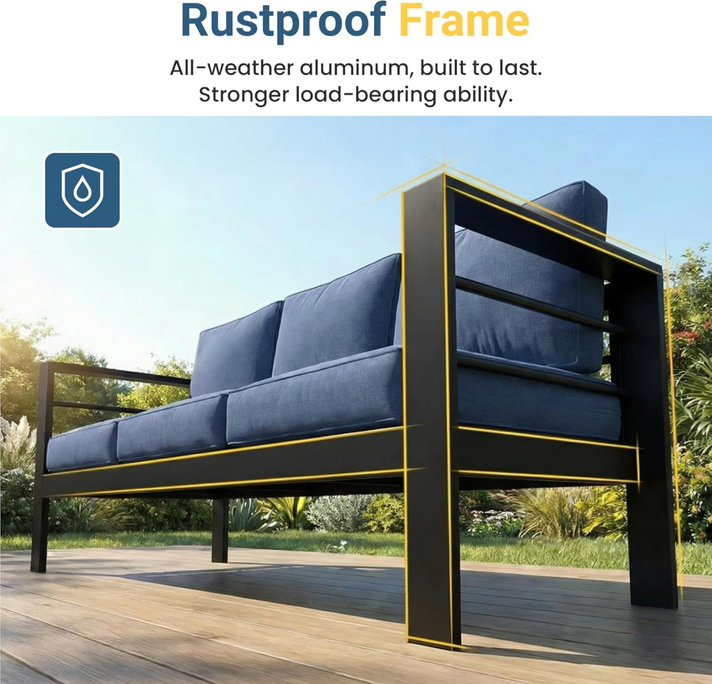 5 Pieces Aluminum Patio Furniture Set with Umbrella, All Weather Oversized Outdoor Furniture Set with Deep Seat and Back Cushion, Patio Conversation Sets with Wide Armrest, Blue & Navy