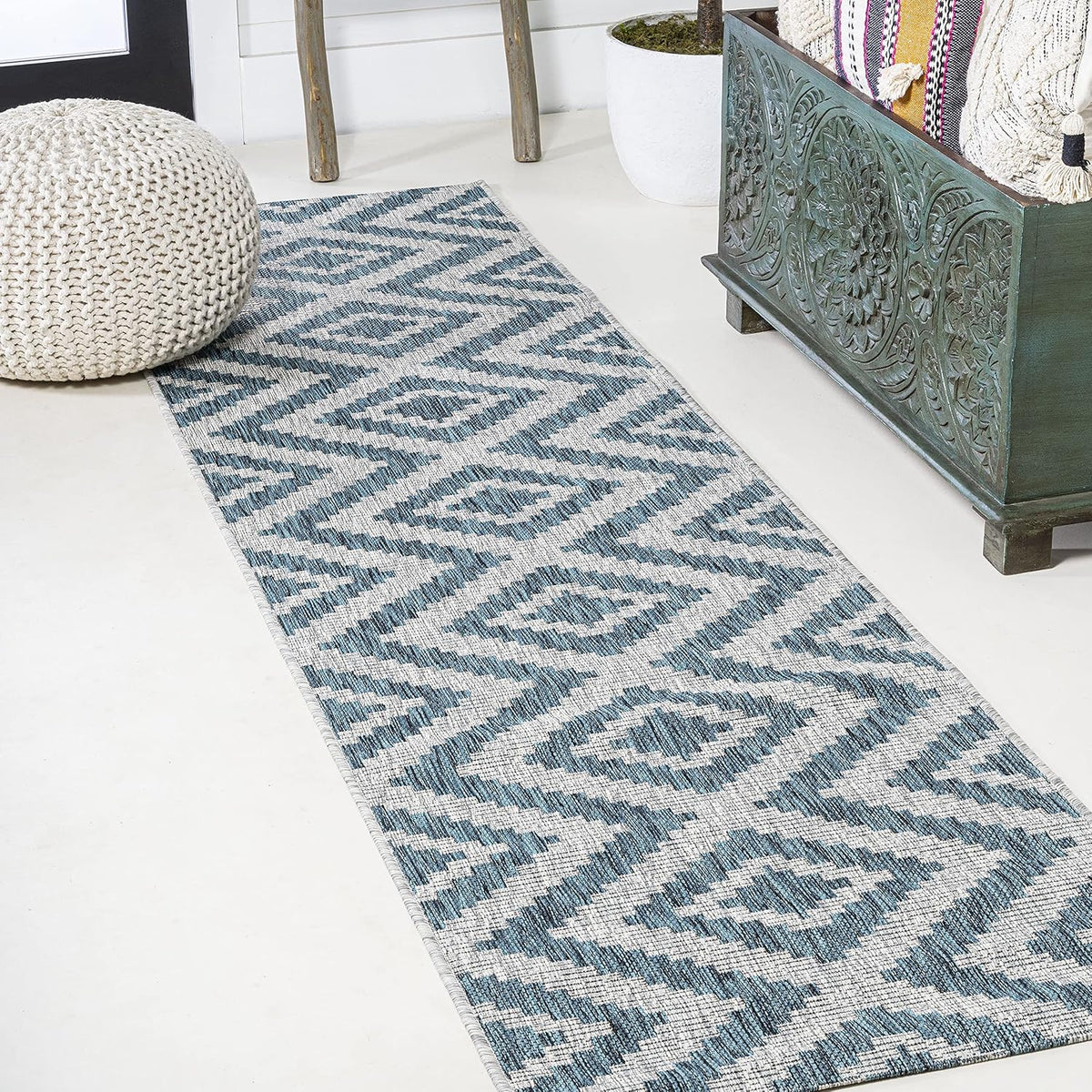 Diamond Tribal Indoor Outdoor Runner Rug 2X8 Blue/Gray, Sintra for Backyard, Patio, Porch, Easy-Cleaning, High Traffic, Pet-Friendly, Non-Shedding (SMB116A-28)