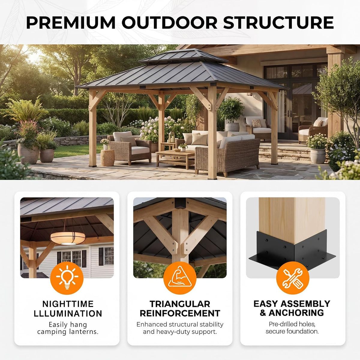 10' X 12' Outdoor Wood Gazebo,Metal Hardtop Gazebo Color DIY