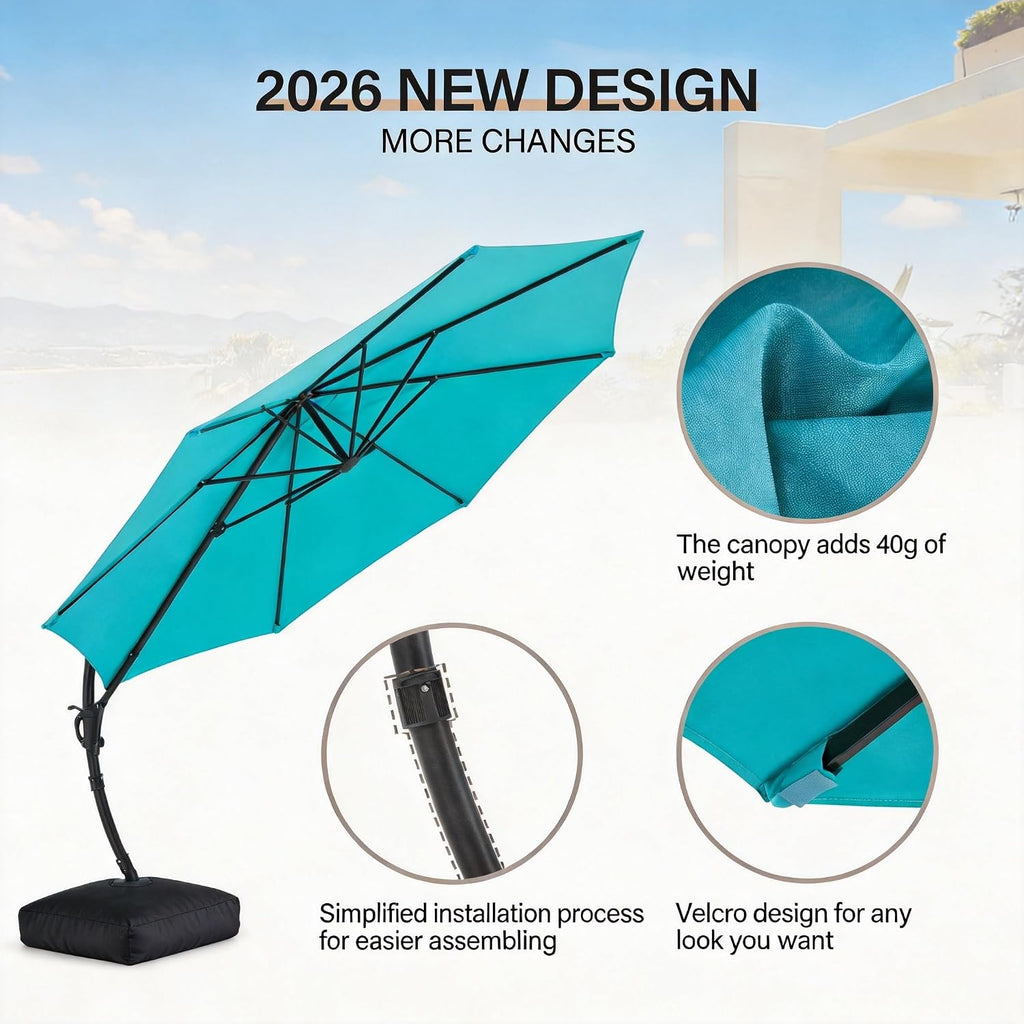 12FT Curvy Cantilever Patio Umbrella with Base, 360° Rotation Offset Outdoor Umbrella, Heavy Duty Hanging Umbrella for Backyard, Pool, Garden（Turquoise Blue）