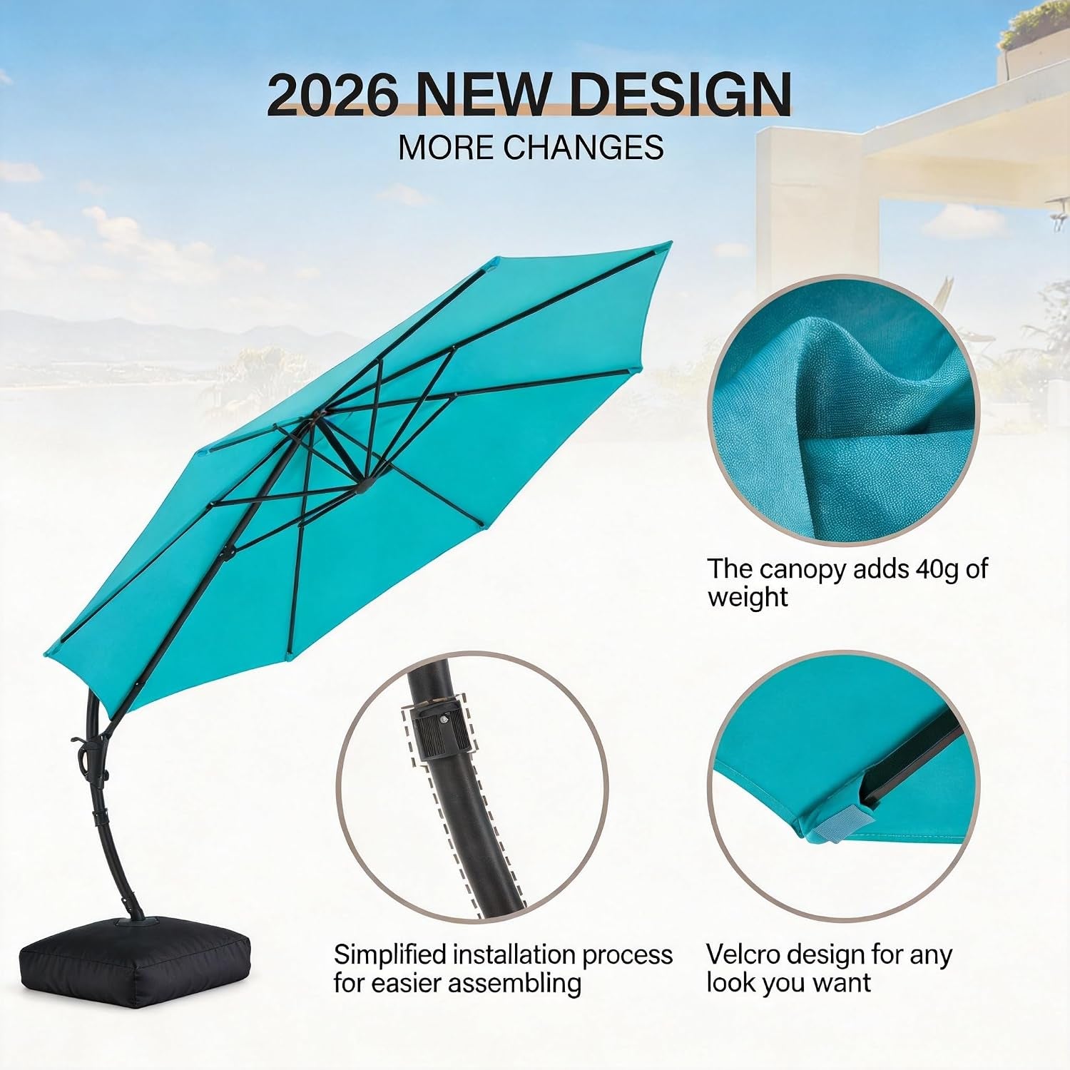 12FT Curvy Cantilever Patio Umbrella with Base, 360° Rotation Offset Outdoor Umbrella, Heavy Duty Hanging Umbrella for Backyard, Pool, Garden（Turquoise Blue）