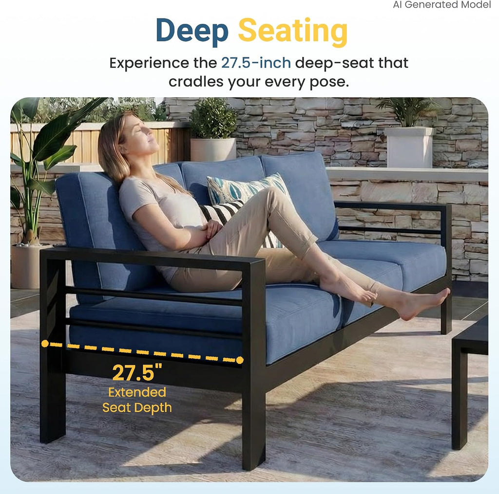 5 Pieces Aluminum Patio Furniture Set with Umbrella, All Weather Oversized Outdoor Furniture Set with Deep Seat and Back Cushion, Patio Conversation Sets with Wide Armrest, Blue & Navy