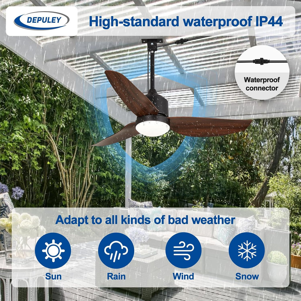 42-Inch Outdoor Ceiling Fans: Walnut Waterproof Gazebo Fans with Lights Remote App Control - 3-Blade Plug-In Outdoor Hanging Fan for Patios Pergola Porch 6 Speed Reversible