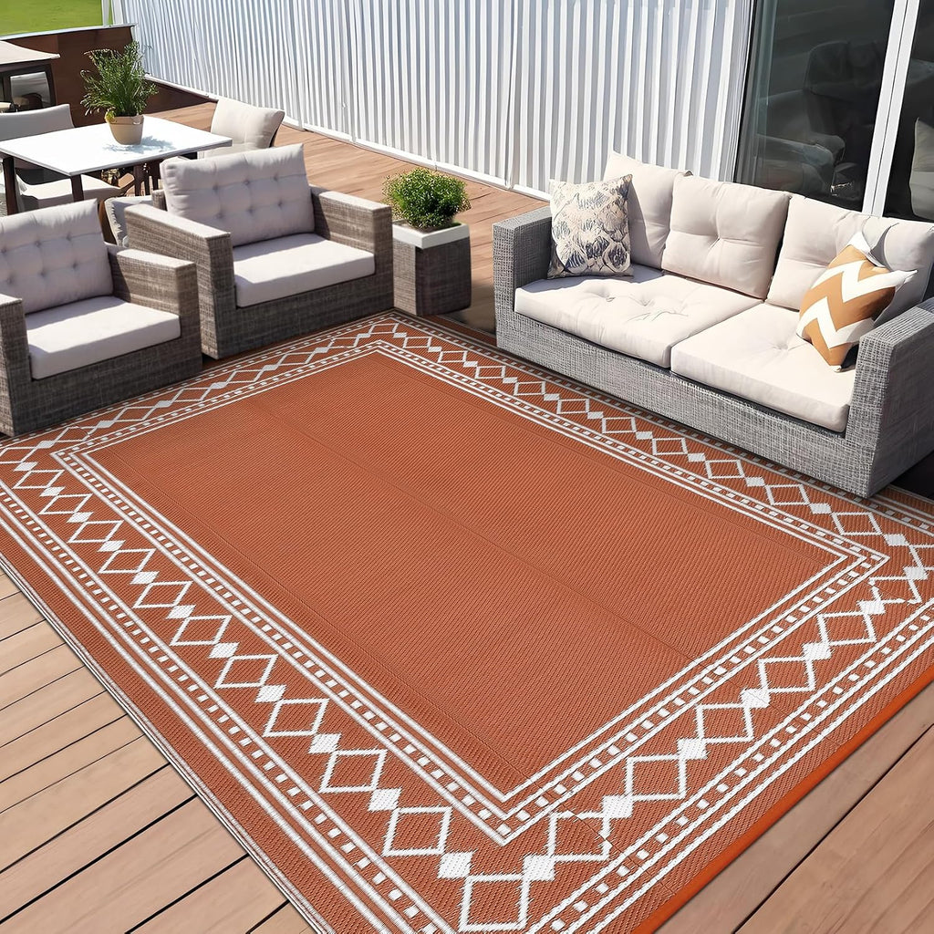 Outdoor Rug 8X10 Waterproof Patio Rugs Modern Bordered Reversible Mat for Front Door Rv Foldable Plastic Straw Carpet for Travel Trailers, Deck, Picnic, Porch, Camper, Balcony, Beach, Terracotta