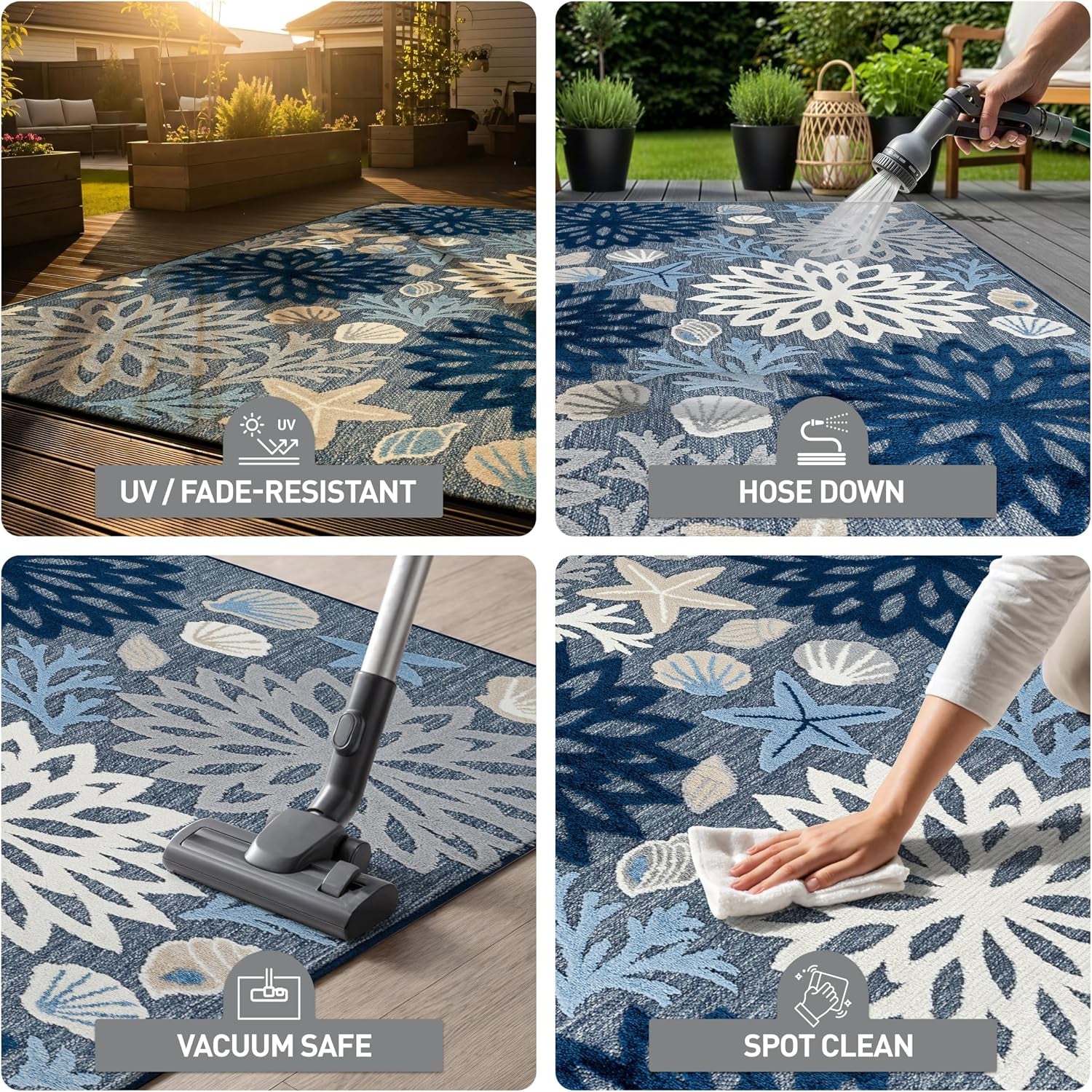 Coastal High-Low Textured Floral Indoor Outdoor Rug Navy 5' X 7'