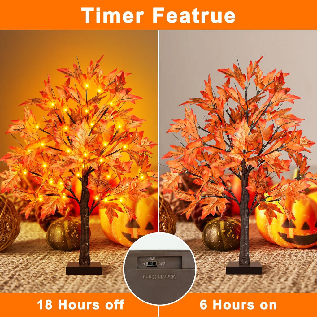 24 Inch Lighted Fall Maple Tree - 2FT Thanksgiving Tabletop Lamp Decor with 36 LED Lights, 72 Maple Leaves, 6 Acorns, Timer, Burlap Base, Battery Operated Fall Artificial Tree for Indoor