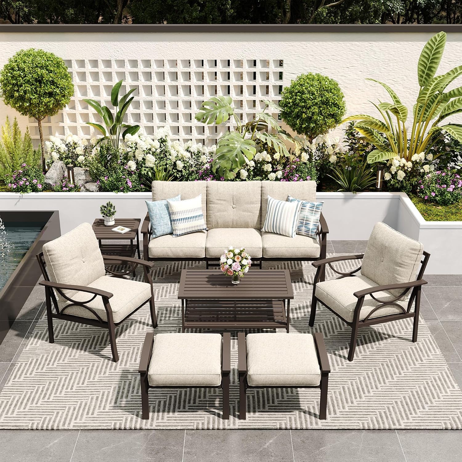 7-Pieces Outdoor Patio Furniture Set, Outdoor Metal Sectional Furniture with Cushions, Outdoor Conversation Seating Set with Coffee Table for Backyard,Garden, Balcony, Deck, Backyard, Khaki