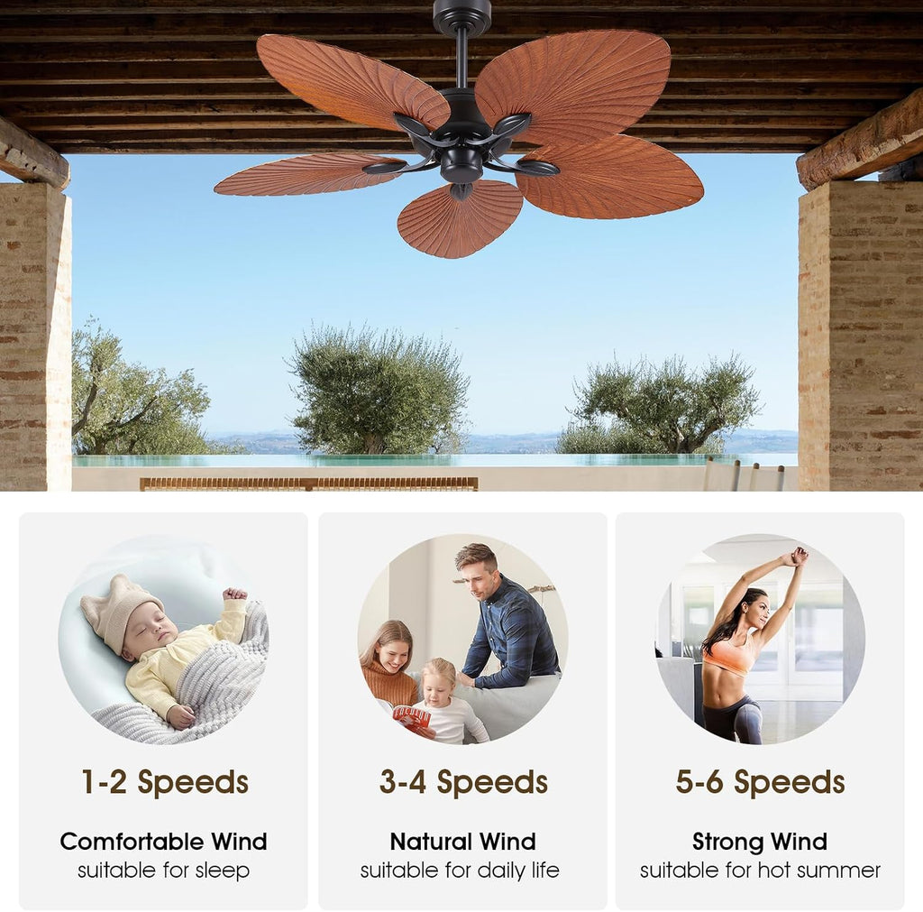 52 Inch Waterproof Outdoor Palm Leaf Ceiling Fans without Lights and Remote