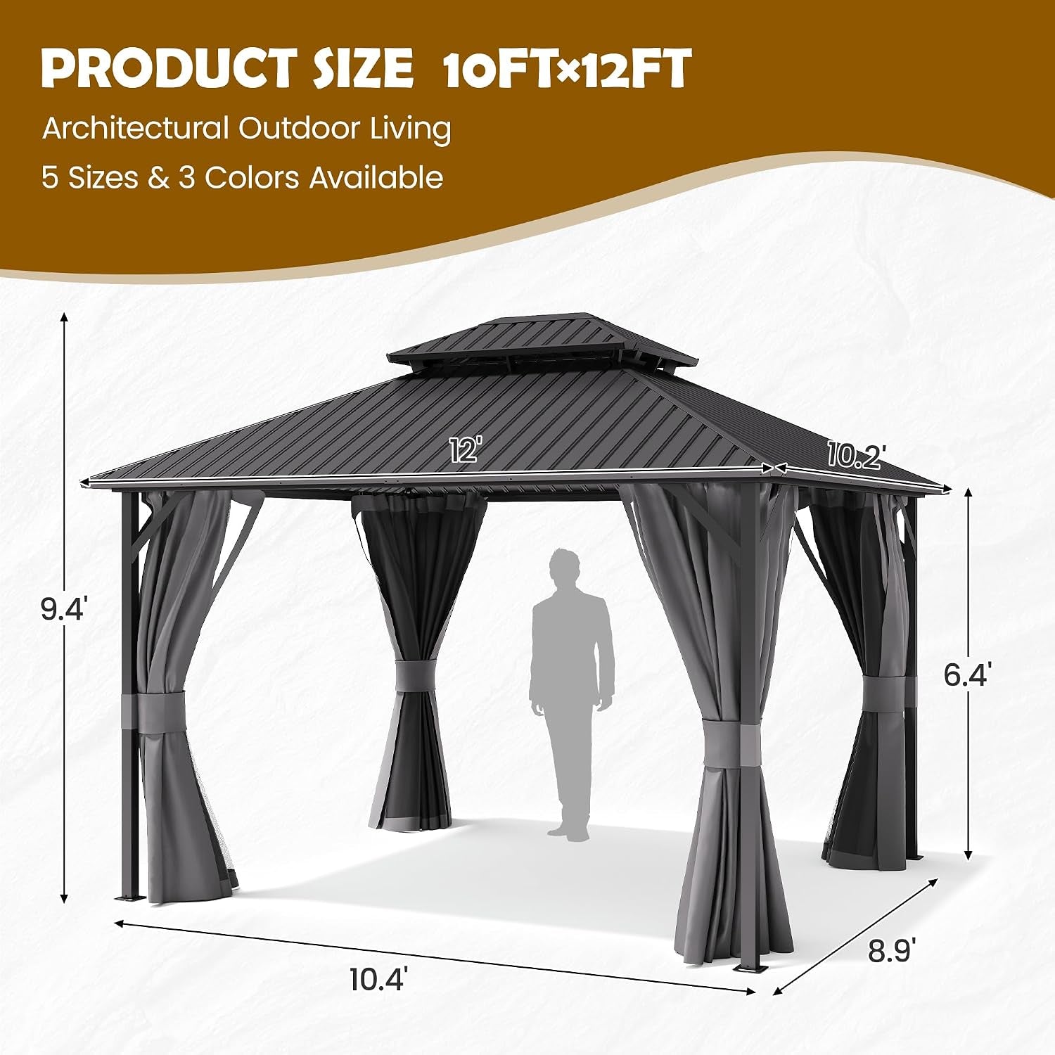 10'X12' Hardtop Gazebo, Metal Galvanized Steel Double Roof, Grey