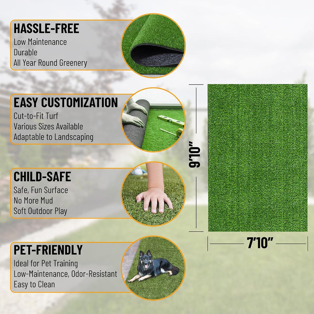 Artificial Grass Outdoor Rug for All-Weather Use, UV Fade Resistant Faux Turf with Drainage Holes, 7'10" X 9'10"