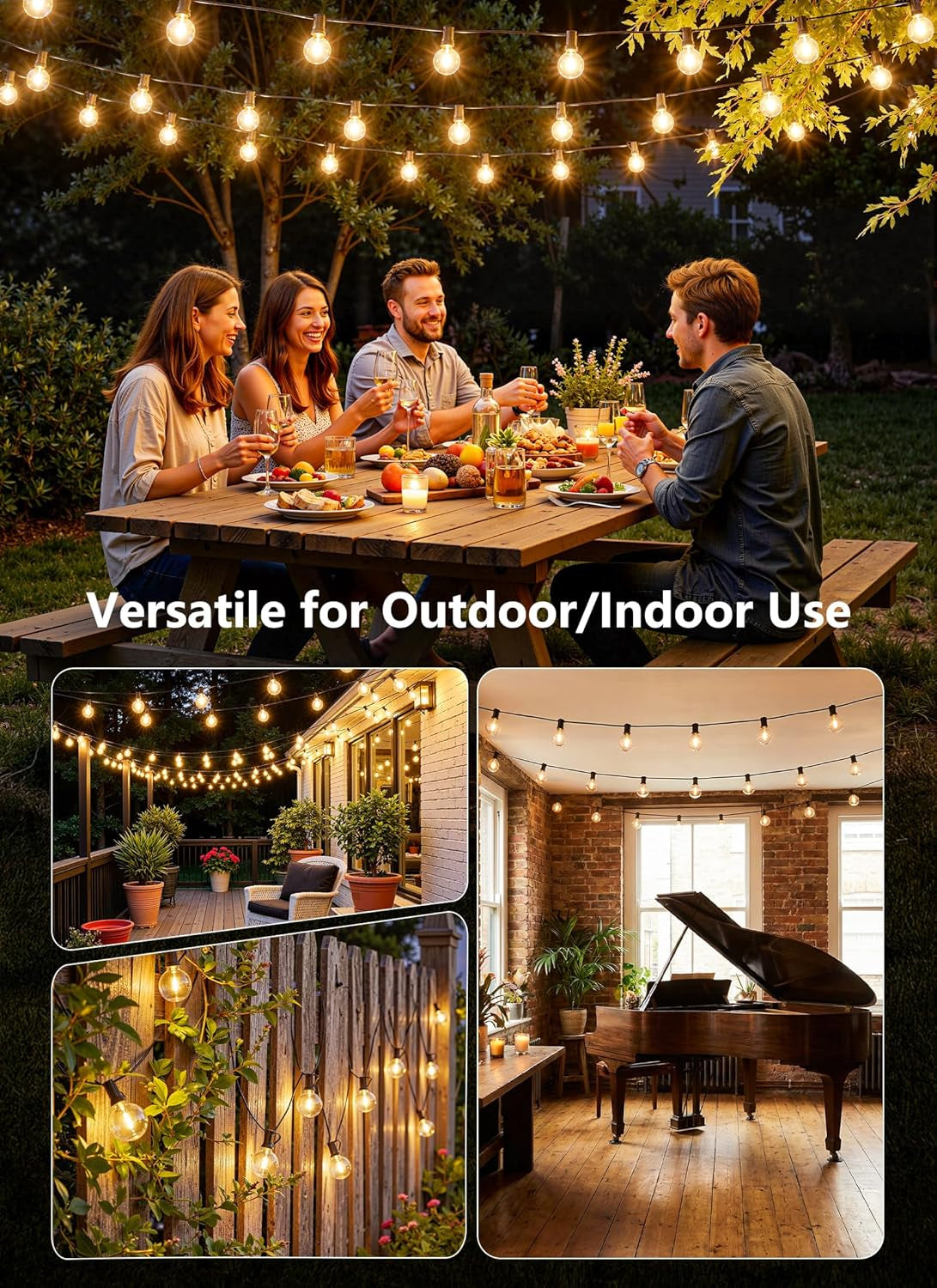 Outdoor String Lights, 100FT Shatterproof LED Patio Lights with 46 Dimmable Plastic G40 Bulbs, 2700K Waterproof Connectable Hanging String for Backyard, Cafe, Porch, Deck, Home Decor