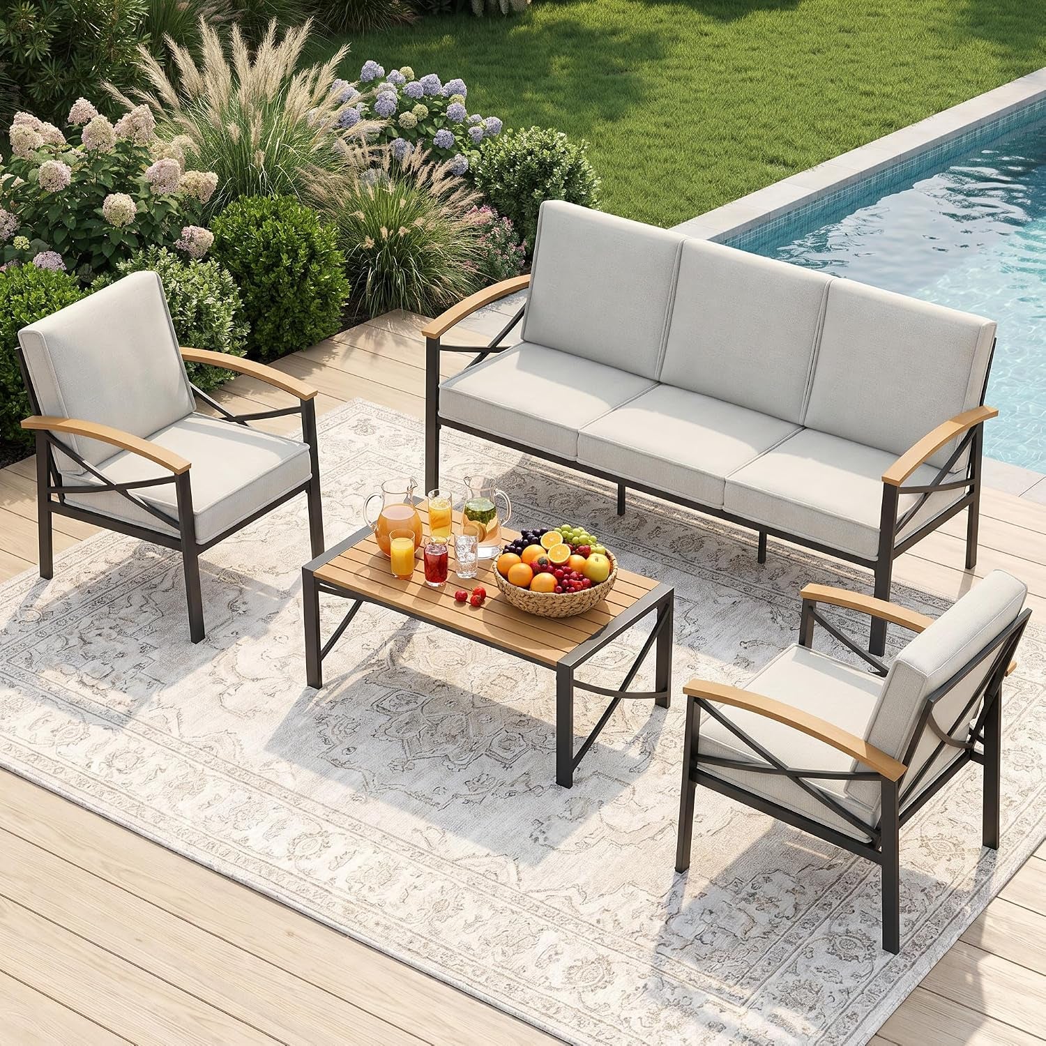 4-Piece Outdoor Patio Furniture Set for All-Weather, Heavy-Duty Metal outside Furniture with Washable Thick Cushions, Patio Sectional with Coffee Table for Patio, Deck, Backyard, Garden, Beige