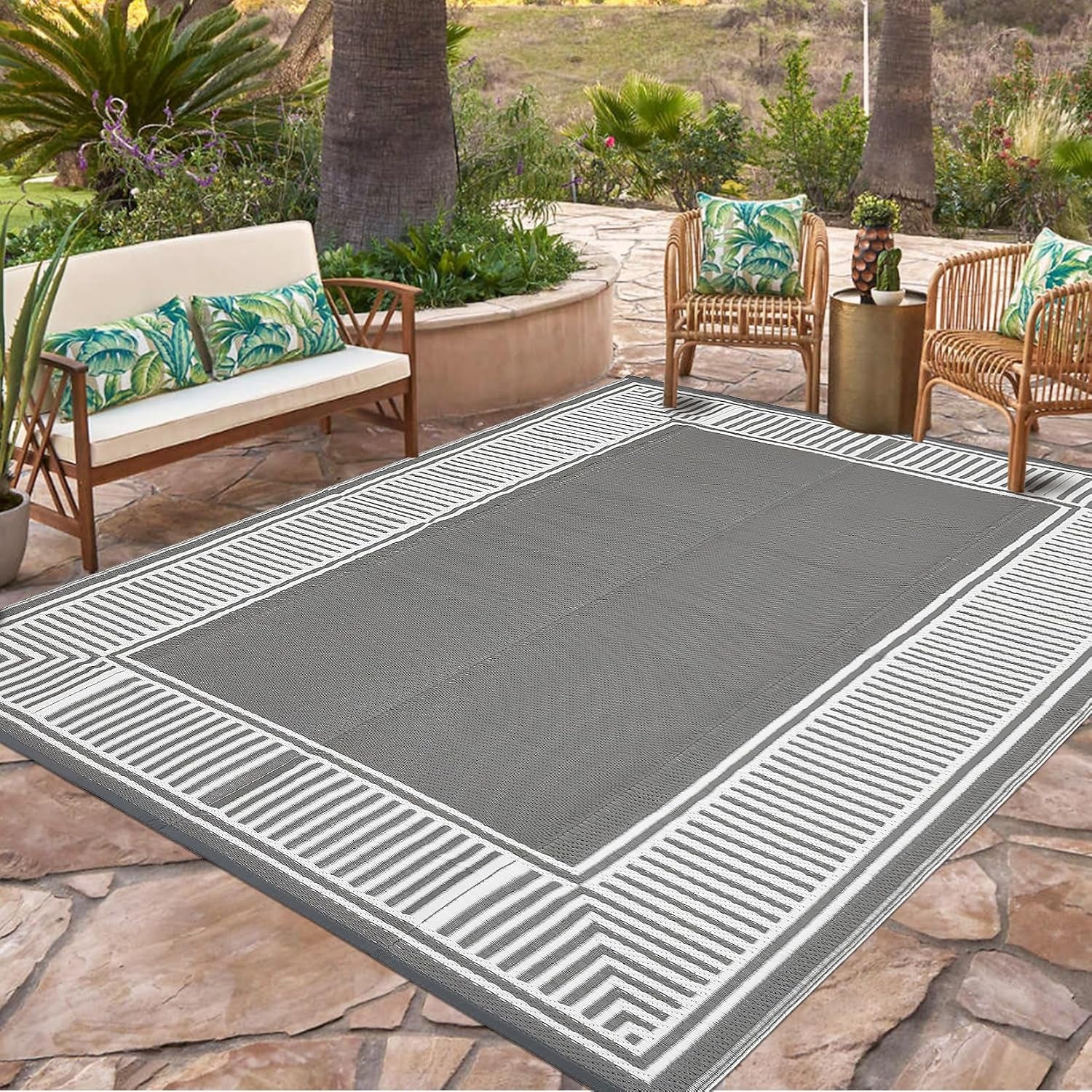 8X10 Outdoor Rug Waterproof Plastic Straw Rug Border Grey