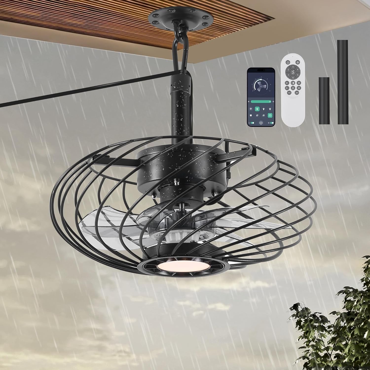 15" Black Outdoor Ceiling Fan with Remote Dimmable Light