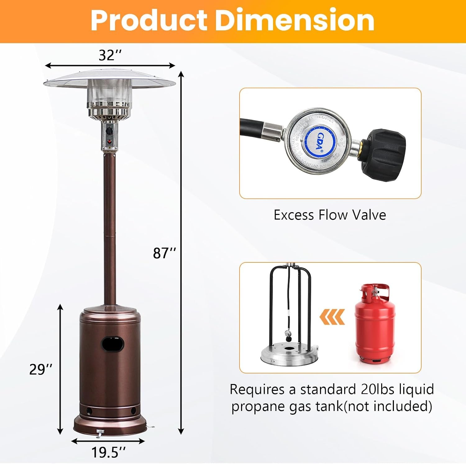 Patio Heater, 48,000 BTU Outdoor Propane Heater with Wheels, Reflective Cover, Triple-Over Protection, Portable Stainless Steel Patio Heater for Outdoor Use Garden, Bronze