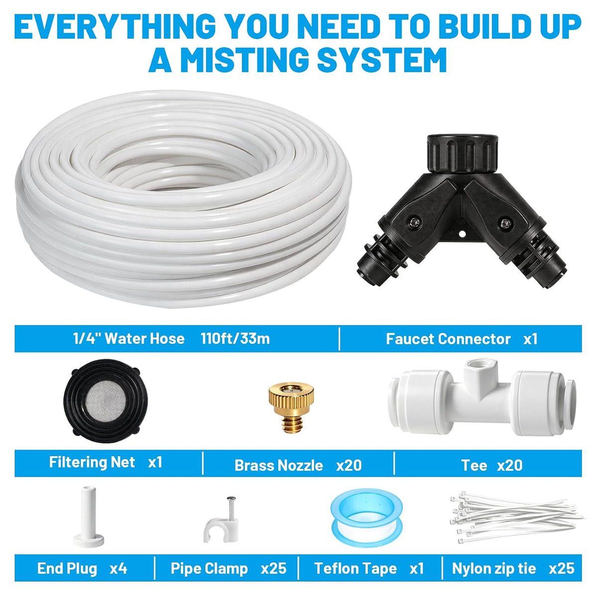 110FT Mister for outside Patio Misting Cooling System with 20 Brass Mist Nozzles+Water Filter+Y Connector, Leak-Resistant Misters for Backyard, Garden, Pool, Deck, Greenhouse - White