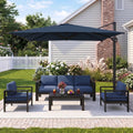 5 Pieces Aluminum Patio Furniture Set with Umbrella, All Weather Oversized Outdoor Furniture Set with Deep Seat and Back Cushion, Patio Conversation Sets with Wide Armrest, Blue & Navy