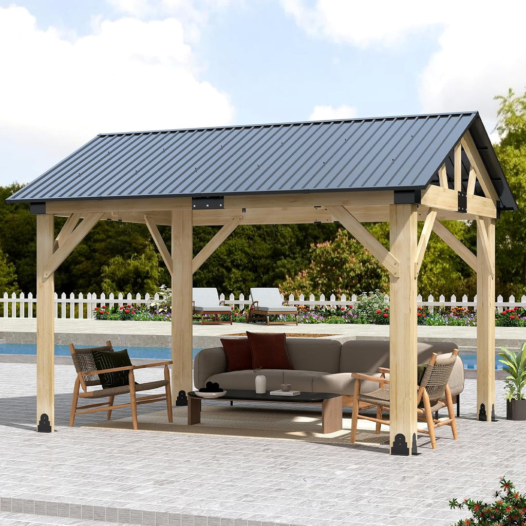 10' X 12' Wood Gazebo, Outdoor Cedar Hardtop Wooden Frame Gazebos with Galvanized Steel Roof for Garden, Patio, Deck