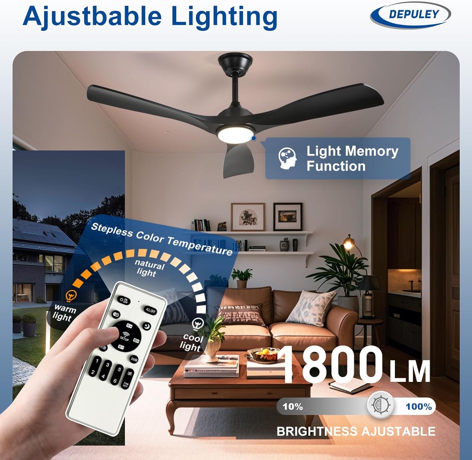 52-Inch Ceiling Fan with Light: Black 3 Blade Outdoor Fans for Patios - Dimmable Indoor Fan with Remote Control Fandelier for Living Room Bedroom Porch Quiet Motor Reversible 6 Speed Timer
