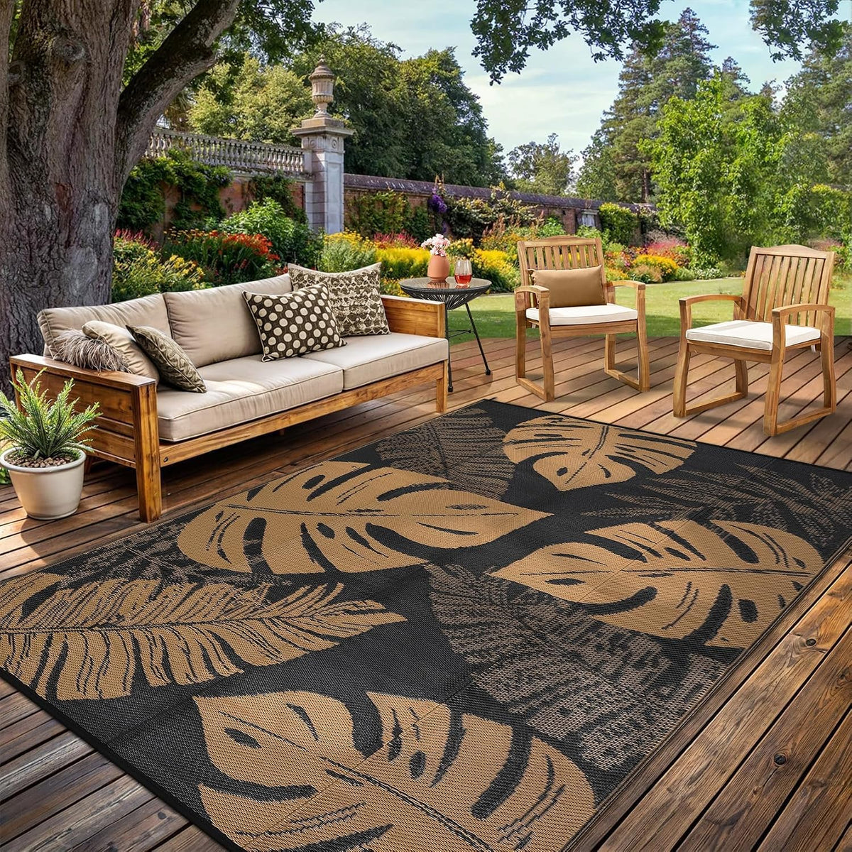 9X12 Outdoor Rug Waterproof Foldable Plastic Straw Carpet for Patio Porch Modern Leaf Print Reversible Mat Lightweight Floor Mat for Picnic, Rv, Beach, Deck, Camper, Balcony，Black/Brown