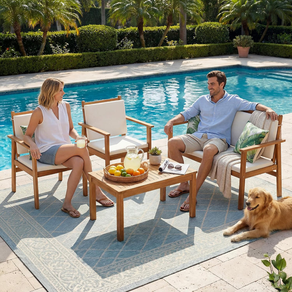 4 Piece Patio Furniture Set Acacia Wood Backyard Furniture (Natural)