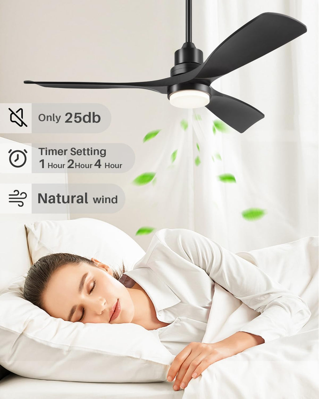 60 Inch Black Ceiling Fans with Lights and Remote, 3 Wood Blades