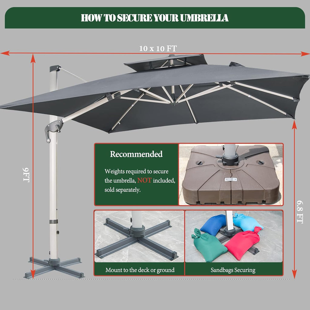 10X10 FT Square Cantilever Patio Umbrella with Solar LED Lights and Cross Base, 360° Rotation Large Heavy Duty Offset Outdoor Umbrella with Easy Tilt for Pool Backyard Deck Garden, Grey