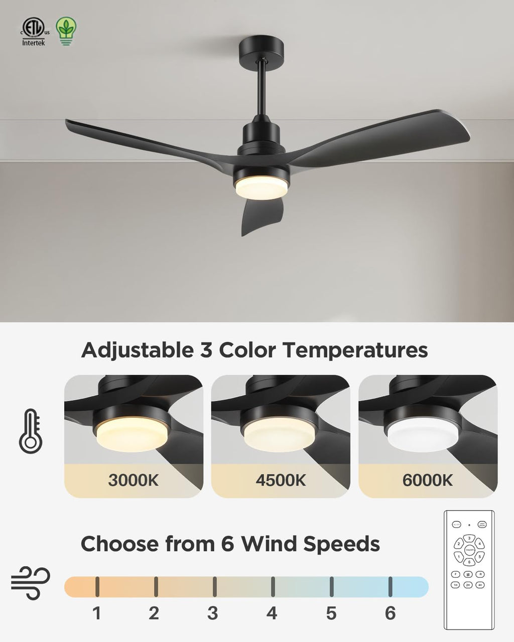 60 Inch Black Ceiling Fans with Lights and Remote, 3 Wood Blades